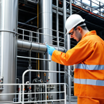 **A dedicated industrial safety engineer meticulously inspecting a chemical plant facility, ensuring all safety protocols are followed to prevent chemical leaks and accidents. The engineer is wearing appropriate safety gear, and the background showcases a complex industrial setting.** (Focus: Industrial Safety)