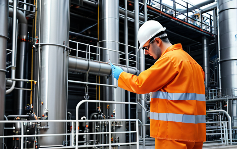 **A dedicated industrial safety engineer meticulously inspecting a chemical plant facility, ensuring all safety protocols are followed to prevent chemical leaks and accidents. The engineer is wearing appropriate safety gear, and the background showcases a complex industrial setting.** (Focus: Industrial Safety)