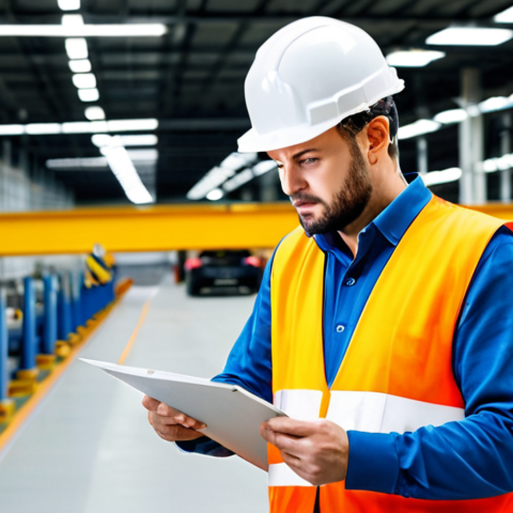 **
"A professional safety inspector, fully clothed in appropriate work attire (hard hat, safety vest), examining a well-organized German automotive factory floor, perfect anatomy, correct proportions, natural pose, safe for work, appropriate content, professional, well-lit, high quality photograph. Focus on preventative measures and risk assessment. Shows meticulous attention to detail."
**