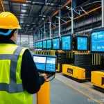 산업안전분야에서의 재해 데이터 분석 - **Prompt for an image representing a smart, AI-driven real-time safety monitoring system in an indus...