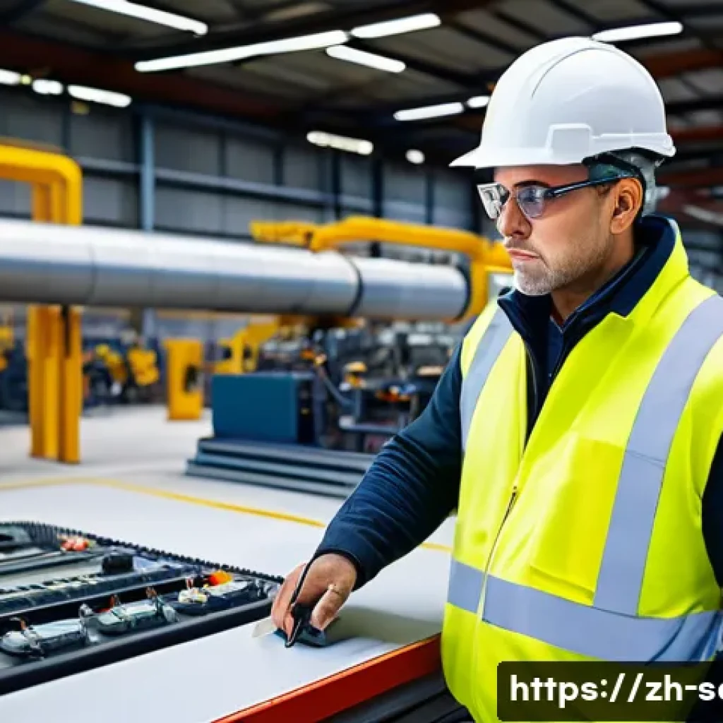 산업안전기사와 국제 안전 인증 - A detailed industrial safety engineer conducting a comprehensive risk assessment inside a large mode...