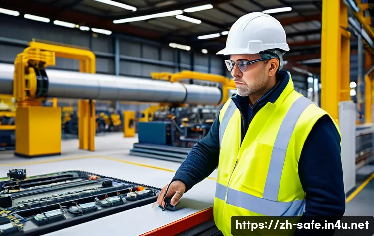 산업안전기사와 국제 안전 인증 - A detailed industrial safety engineer conducting a comprehensive risk assessment inside a large mode...