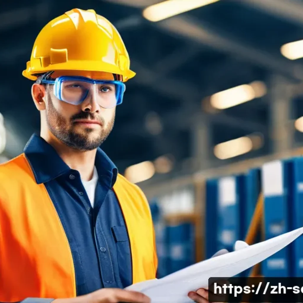 산업안전분야 자격증 취득 후 승진 사례 - A confident industrial safety engineer in a modern factory setting, wearing professional work attire...