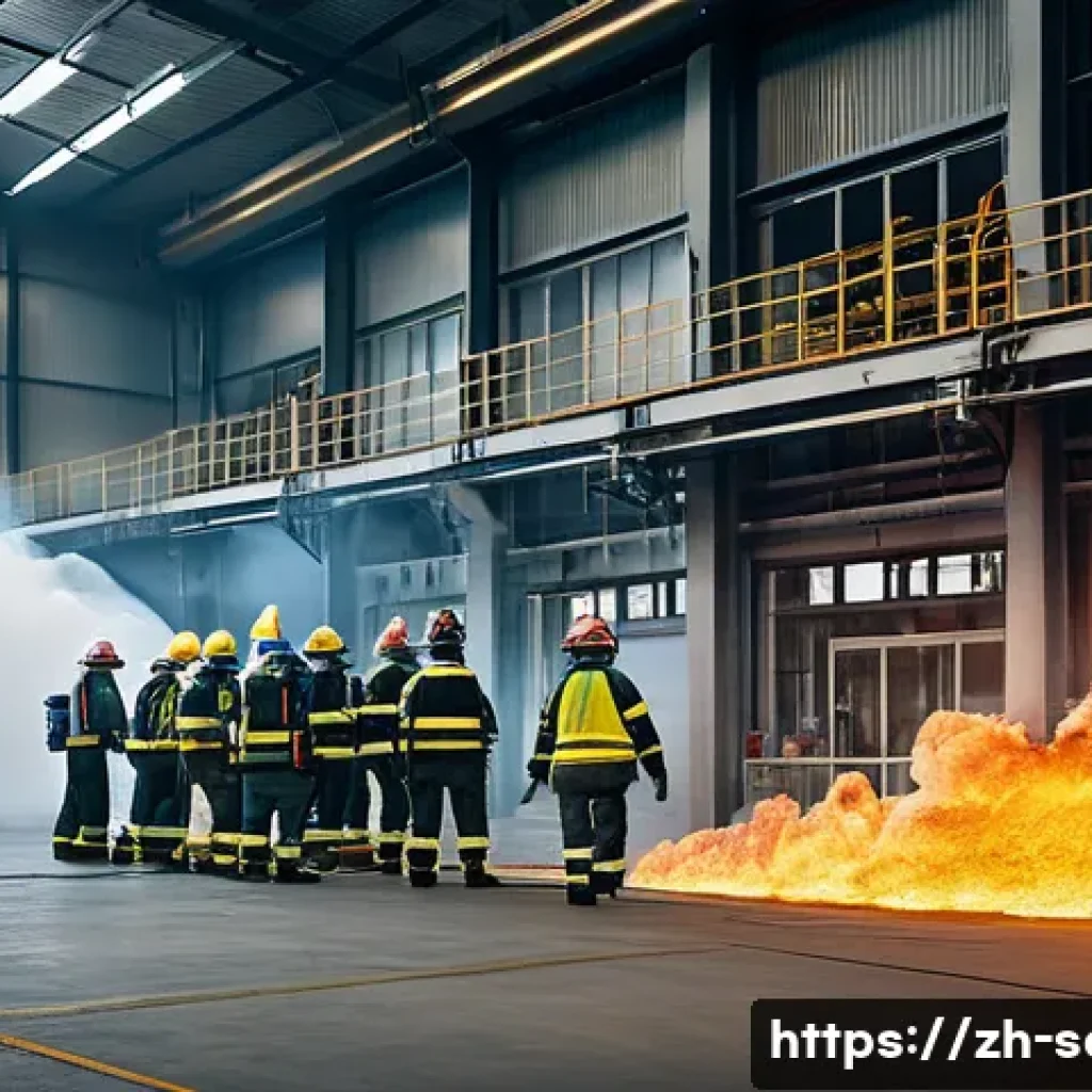 산업안전기사와 사고 대응 시뮬레이션 사례 - A realistic industrial emergency drill scene inside a large factory setting, featuring safety engine...