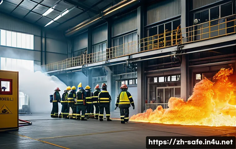 산업안전기사와 사고 대응 시뮬레이션 사례 - A realistic industrial emergency drill scene inside a large factory setting, featuring safety engine...
