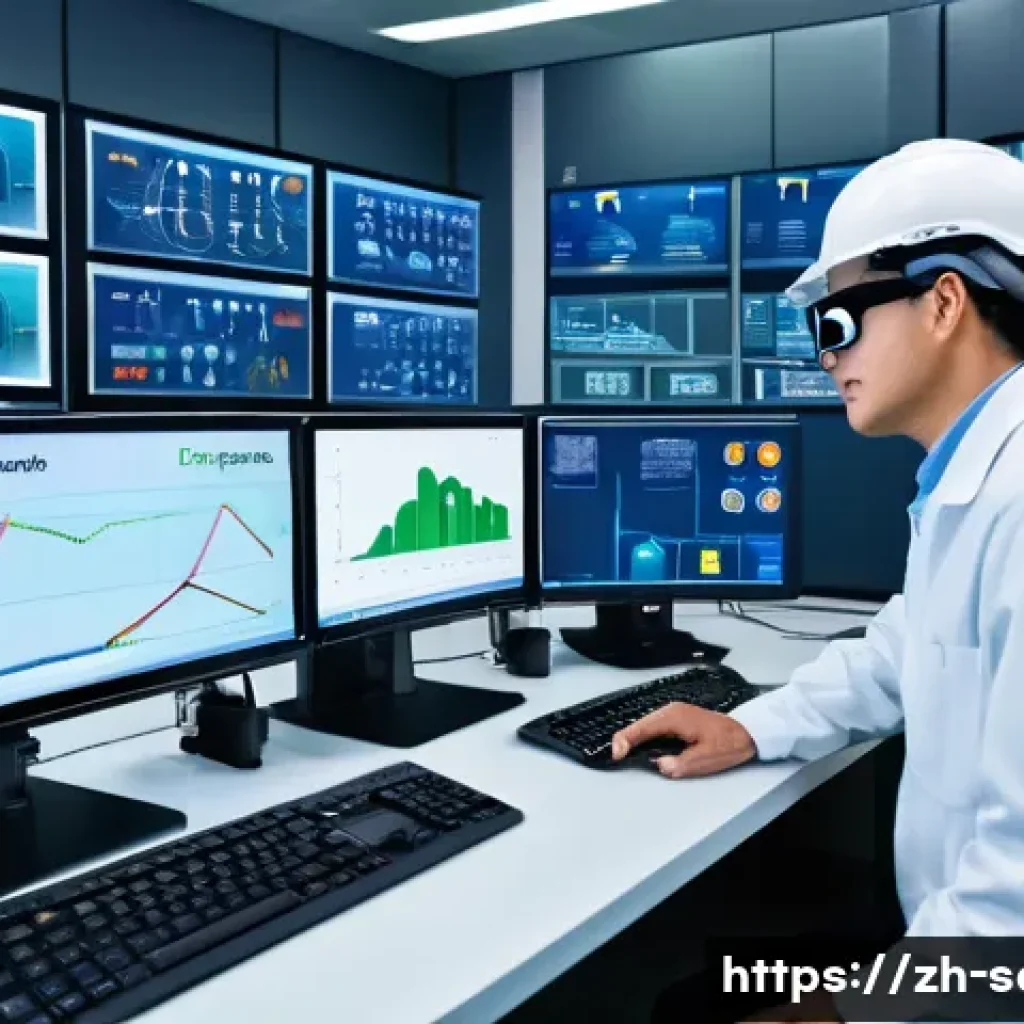 산업안전기사와 산업보건관리의 연계성 - A modern industrial chemical factory control room with safety engineers wearing smart safety helmets...