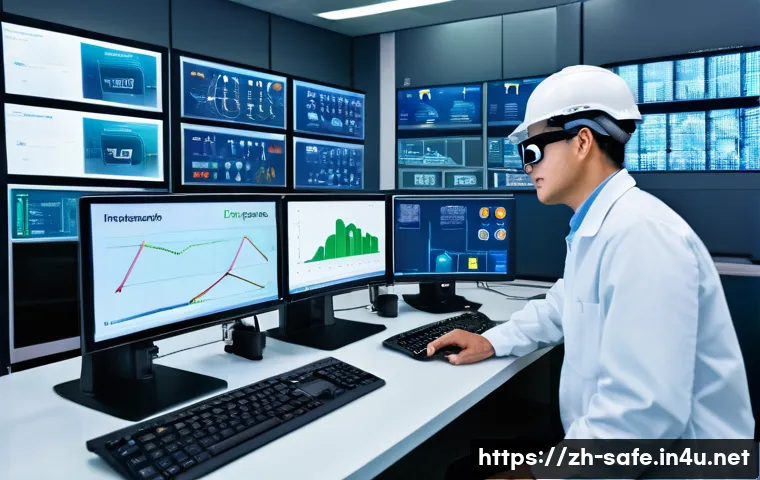 산업안전기사와 산업보건관리의 연계성 - A modern industrial chemical factory control room with safety engineers wearing smart safety helmets...