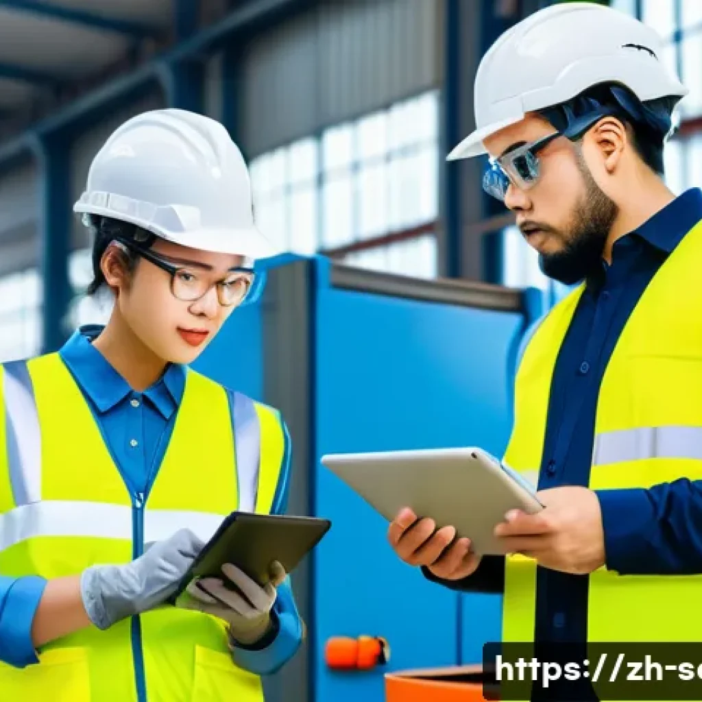 산업안전분야에서 자격증의 장기적 가치 - A modern industrial workplace scene showing diverse professionals in safety gear including helmets, ...