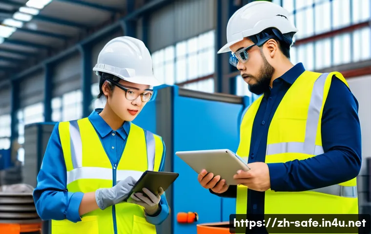 산업안전분야에서 자격증의 장기적 가치 - A modern industrial workplace scene showing diverse professionals in safety gear including helmets, ...