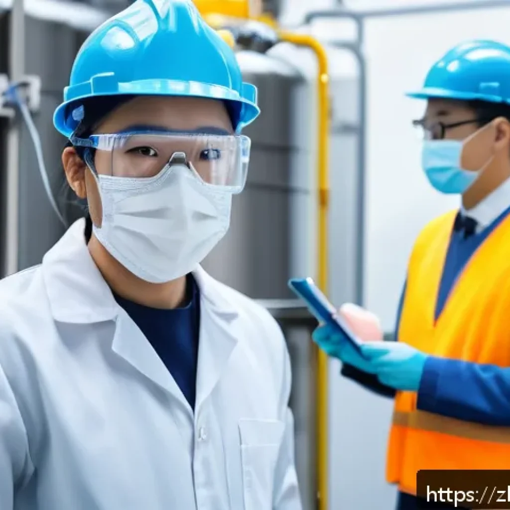 산업안전기사와 건강 진단 프로그램 - A professional industrial safety engineer wearing full protective gear including a mask, earplugs, g...