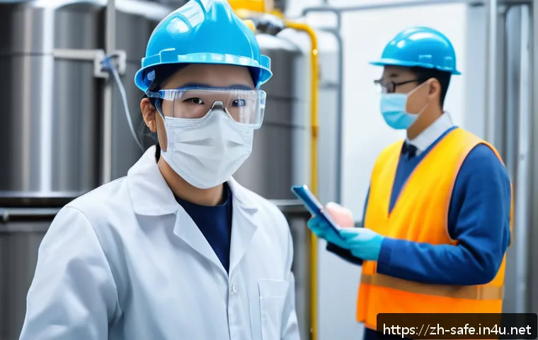 산업안전기사와 건강 진단 프로그램 - A professional industrial safety engineer wearing full protective gear including a mask, earplugs, g...