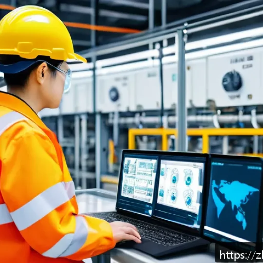 산업안전분야에서의 지속 가능한 안전 전략 - A modern industrial factory interior featuring a network of IoT sensors visibly attached to machiner...