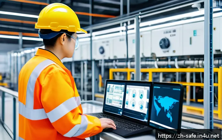 산업안전분야에서의 지속 가능한 안전 전략 - A modern industrial factory interior featuring a network of IoT sensors visibly attached to machiner...