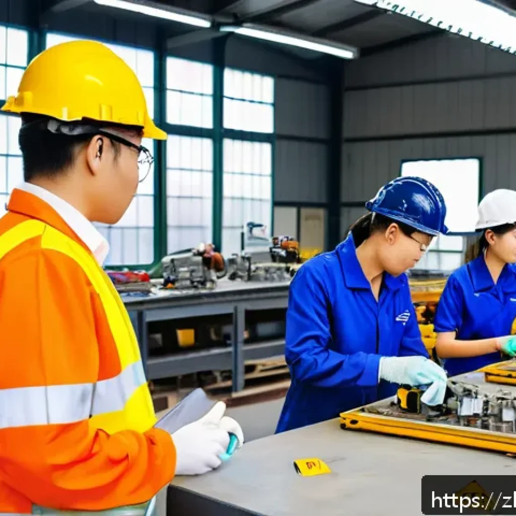 산업안전기사와 중소기업 안전 관리 사례 - A detailed industrial safety training scene inside a mid-sized mechanical workshop, featuring divers...