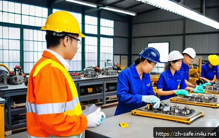 산업안전기사와 중소기업 안전 관리 사례 - A detailed industrial safety training scene inside a mid-sized mechanical workshop, featuring divers...