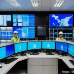 산업안전기사와 중대재해처벌법 이해 - A modern industrial safety control room featuring multiple large screens displaying real-time data f...