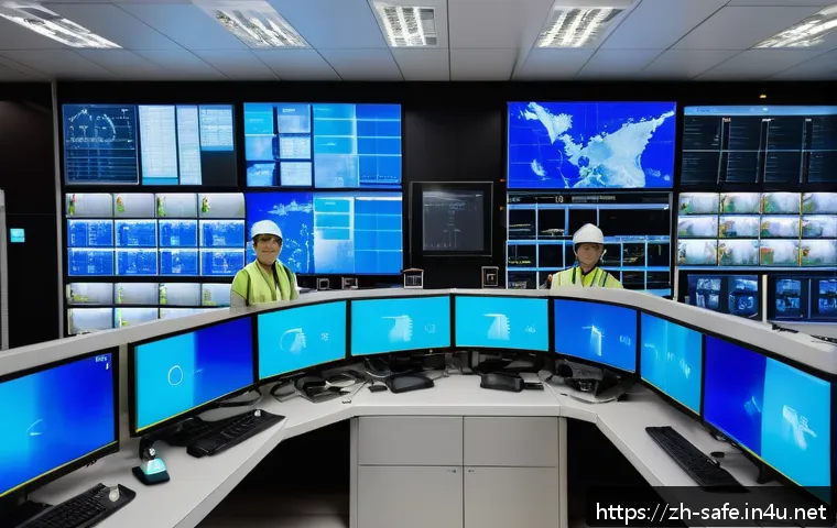 산업안전기사와 중대재해처벌법 이해 - A modern industrial safety control room featuring multiple large screens displaying real-time data f...