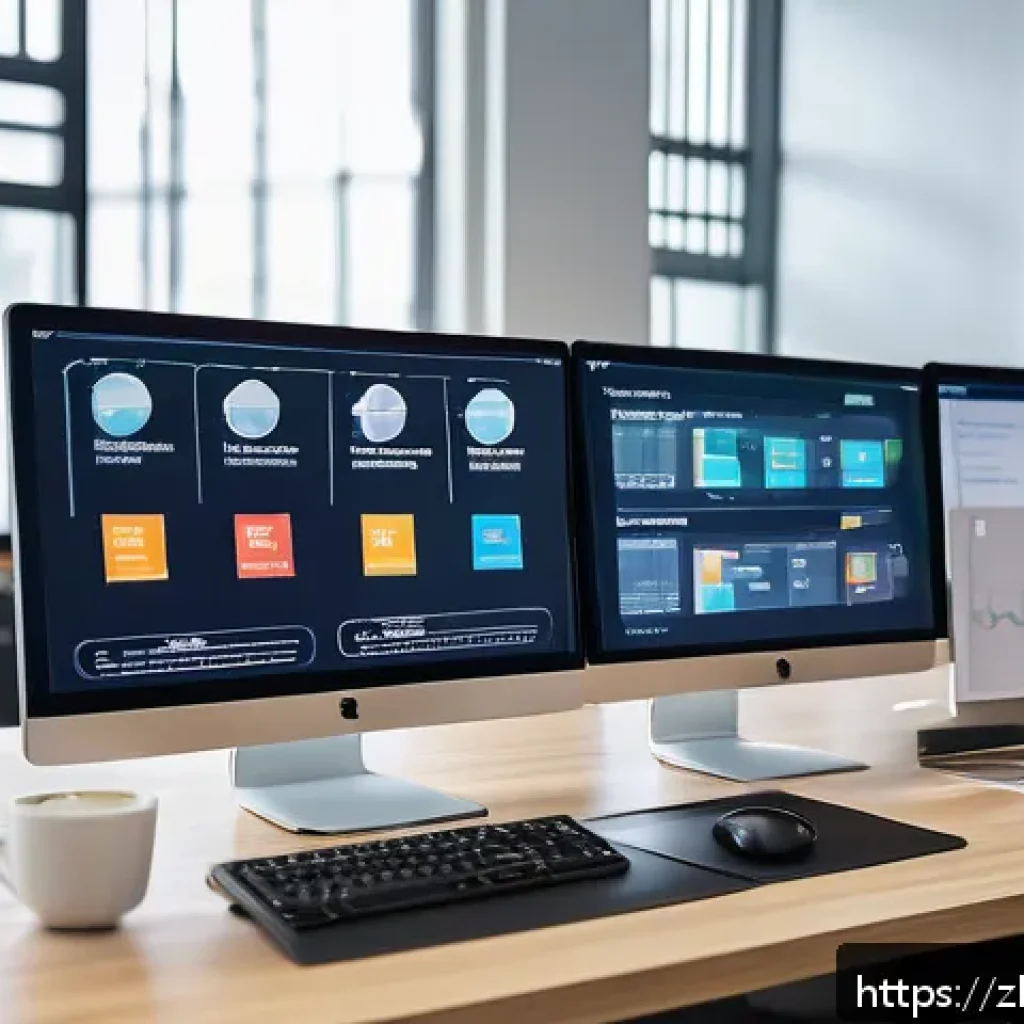 산업안전분야에서의 블로그 운영 팁 - A professional industrial safety blog scene showing a modern office workspace with a large computer ...