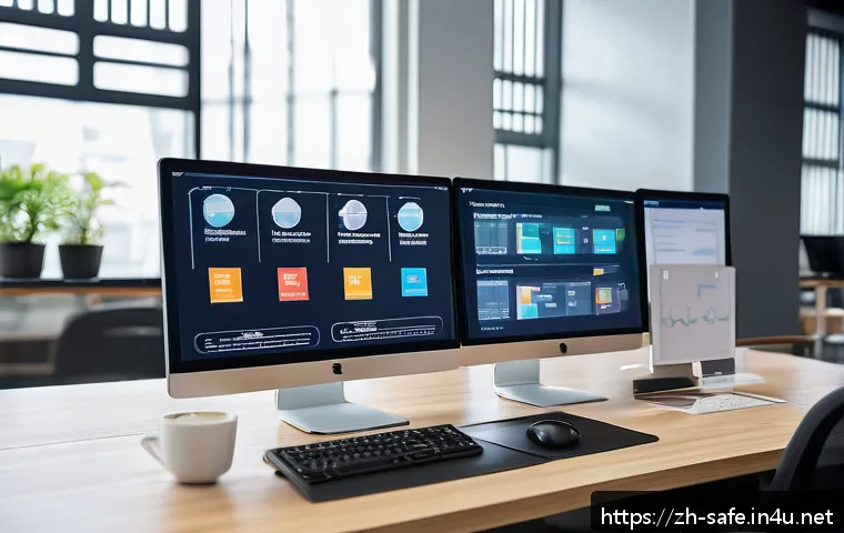 산업안전분야에서의 블로그 운영 팁 - A professional industrial safety blog scene showing a modern office workspace with a large computer ...