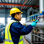 산업안전기사와 위험물 관리 사례 - Photorealistic industrial safety engineer in full protective gear inspecting a large chemical proces...