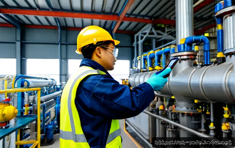 산업안전기사와 위험물 관리 사례 - Photorealistic industrial safety engineer in full protective gear inspecting a large chemical proces...
