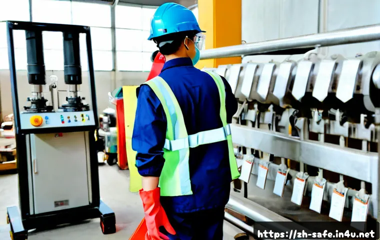 산업안전기사 실기에서 자주 나오는 실수 - Photorealistic industrial safety practical examination scene, a trainee in full protective helmet, c...